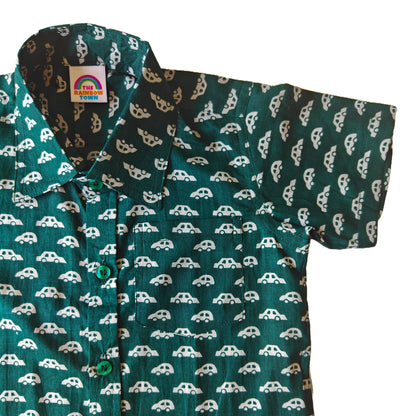 Blue Green Car Print Cotton Shirt