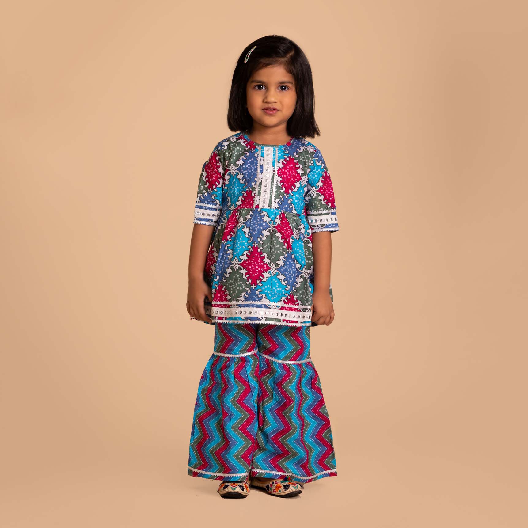 Multi Blue Pink Pant Style Sharara & Short Kurti Set