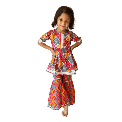 Multi Orange red Pant Style Sharara & Short Kurti Set