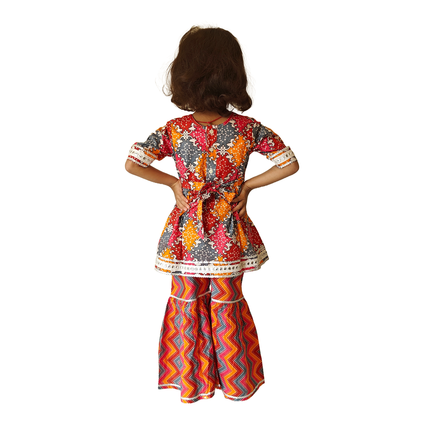 Multi Orange red Pant Style Sharara & Short Kurti Set