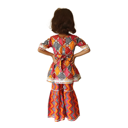 Multi Orange red Pant Style Sharara & Short Kurti Set