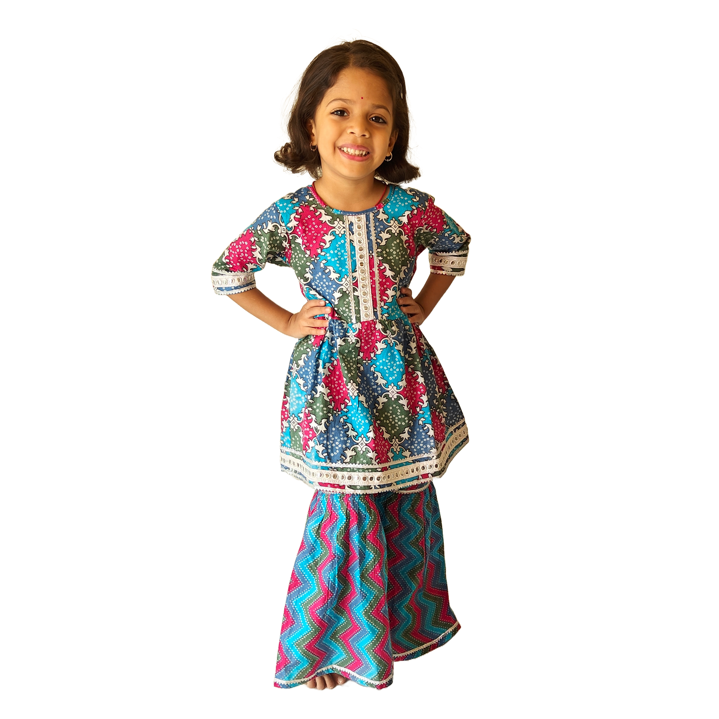 Multi Blue Pink Pant Style Sharara & Short Kurti Set