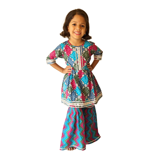 Multi Blue Pink Pant Style Sharara & Short Kurti Set