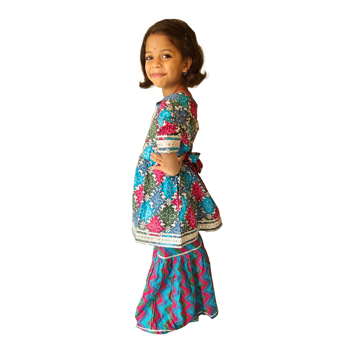 Multi Blue Pink Pant Style Sharara & Short Kurti Set