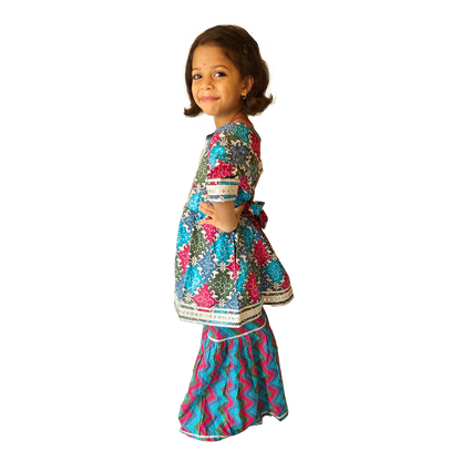 Multi Blue Pink Pant Style Sharara & Short Kurti Set