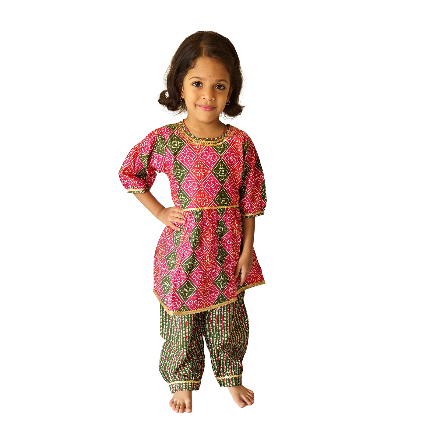 Pink-Green Puff Sleeves Salwar Kurti Set