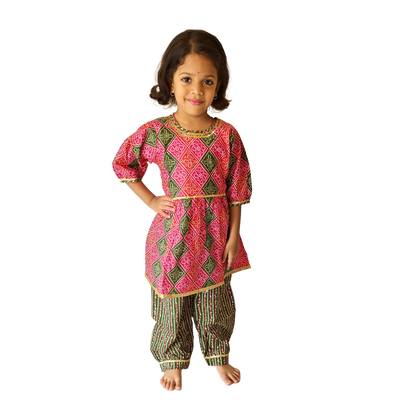 Pink-Green Puff Sleeves Salwar Kurti Set