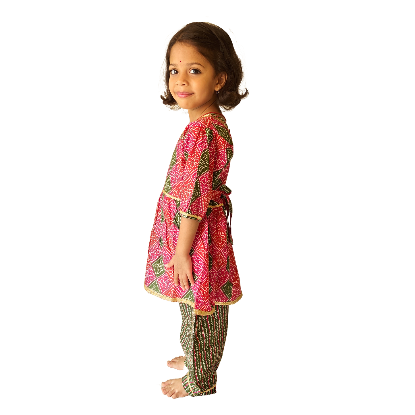 Pink-Green Puff Sleeves Salwar Kurti Set