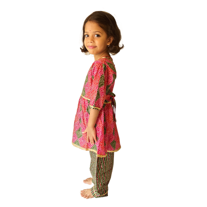 Pink-Green Puff Sleeves Salwar Kurti Set