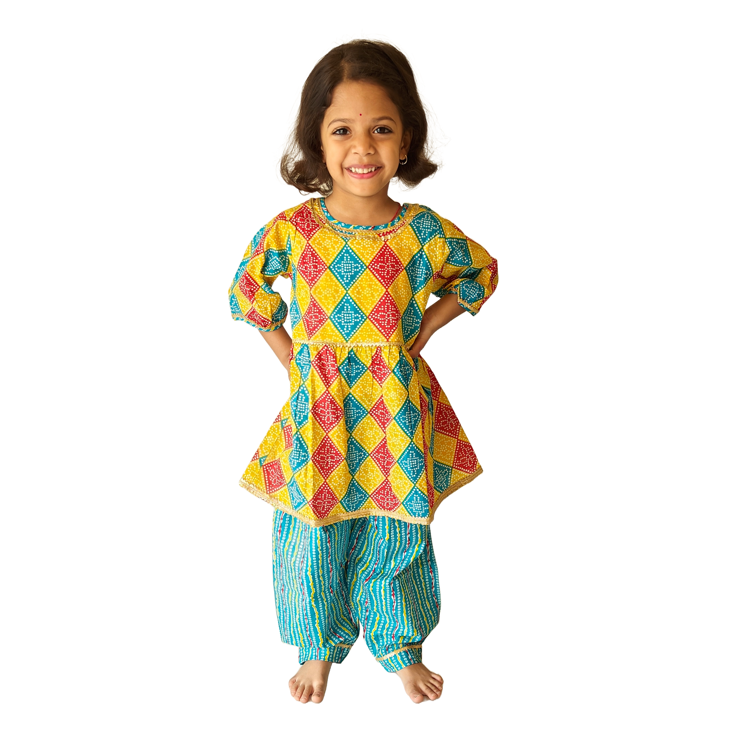 Yellow-Blue Puff Sleeves Salwar Kurti Sets