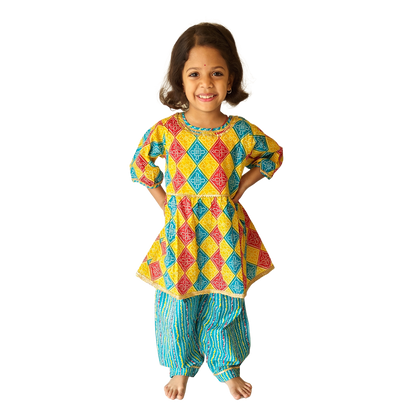 Yellow-Blue Puff Sleeves Salwar Kurti Sets