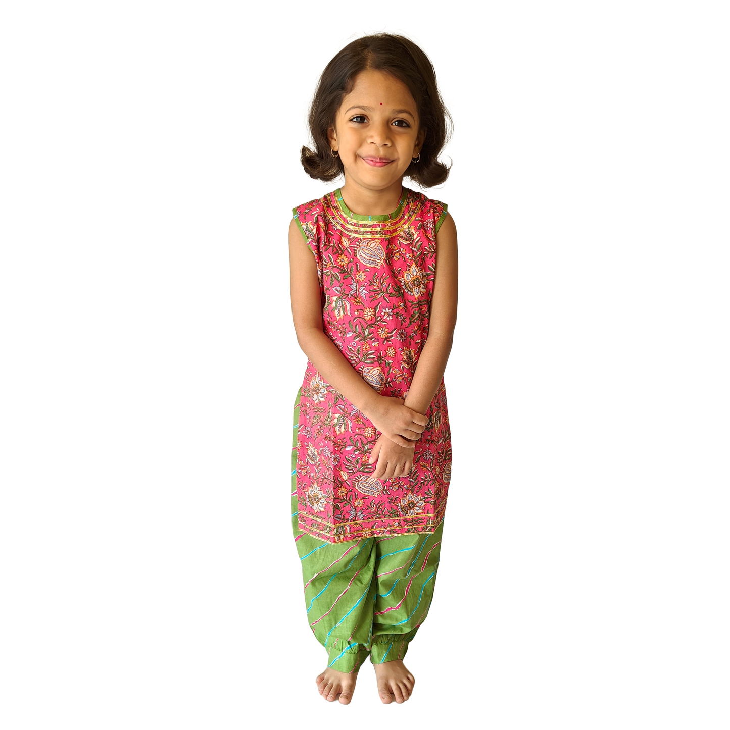 Pink-Green Sleeveless Straight Kurti & Salwar Set