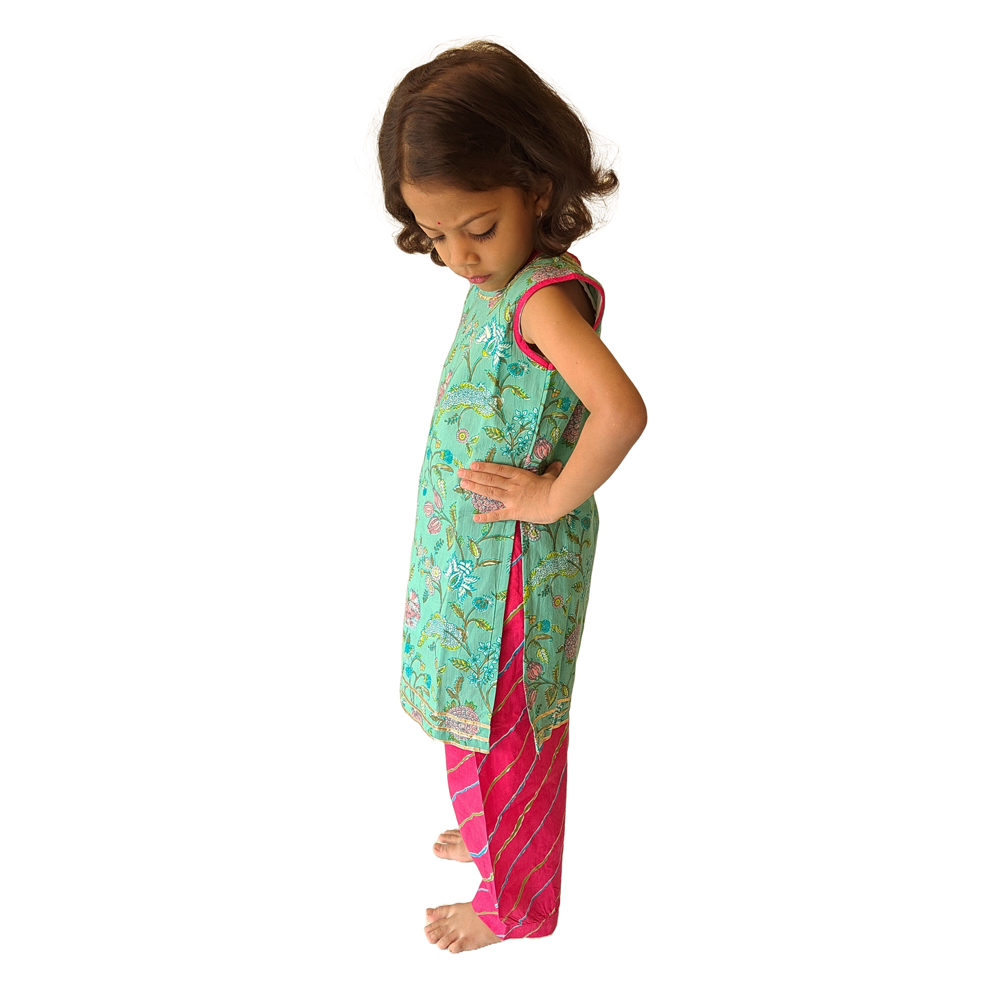 Turquoise Blue-Pink Sleeveless Straight Kurti & Salwar Set