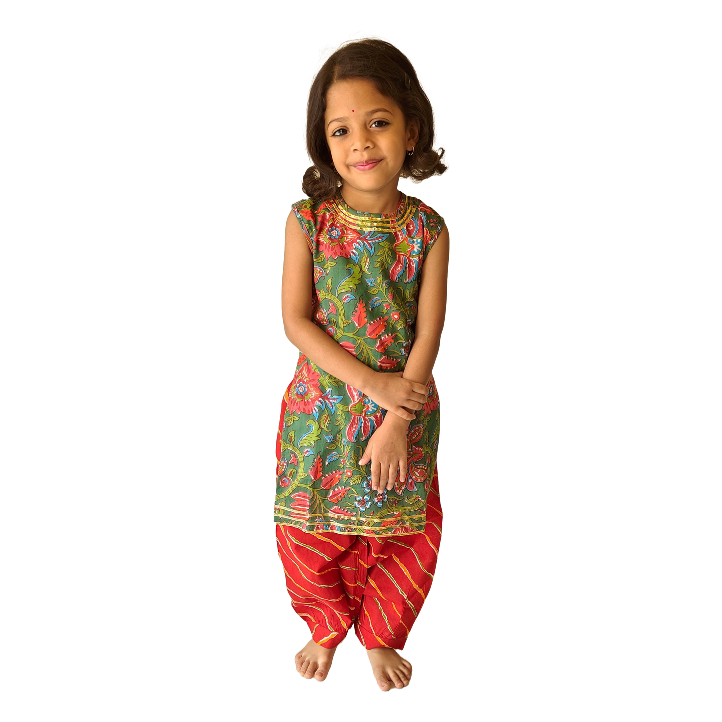 Olive Green-Red Sleeveless Straight Kurti & Salwar Set