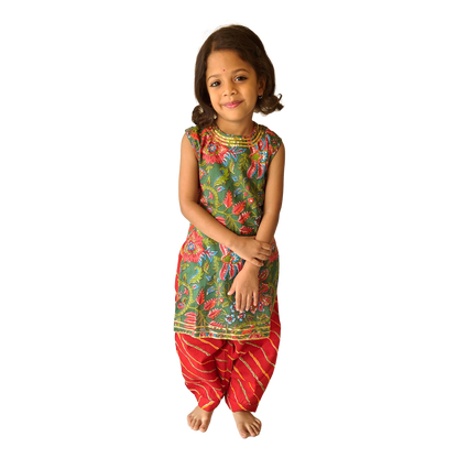 Olive Green-Red Sleeveless Straight Kurti & Salwar Set