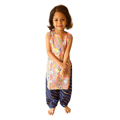 Light pink-Dark Blue Sleeveless Straight Kurti & Salwar Set