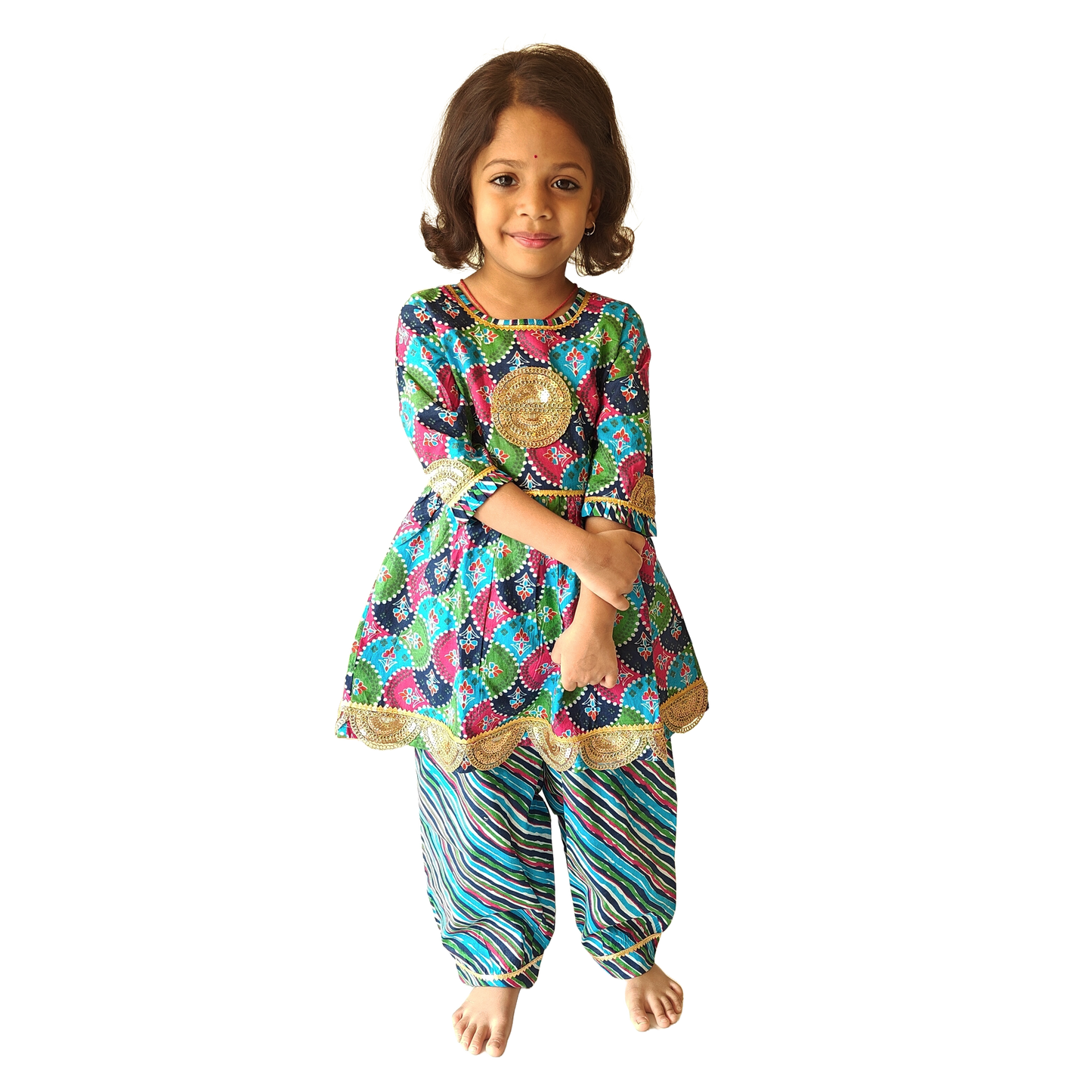 Multi Blue Elbow Sleeves Salwar Kurti Set