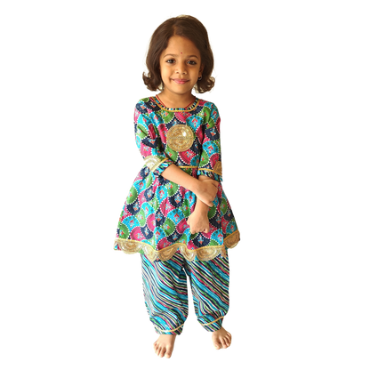 Multi Blue Elbow Sleeves Salwar Kurti Set