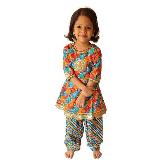 Multi Orange Elbow Sleeves Salwar Kurti Set