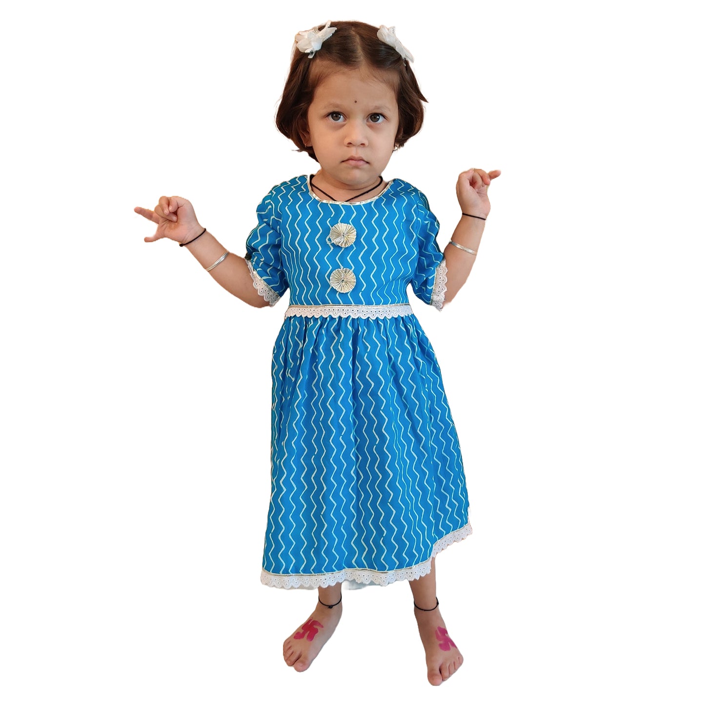 Blue Elbow Sleeves Calf Length Frock