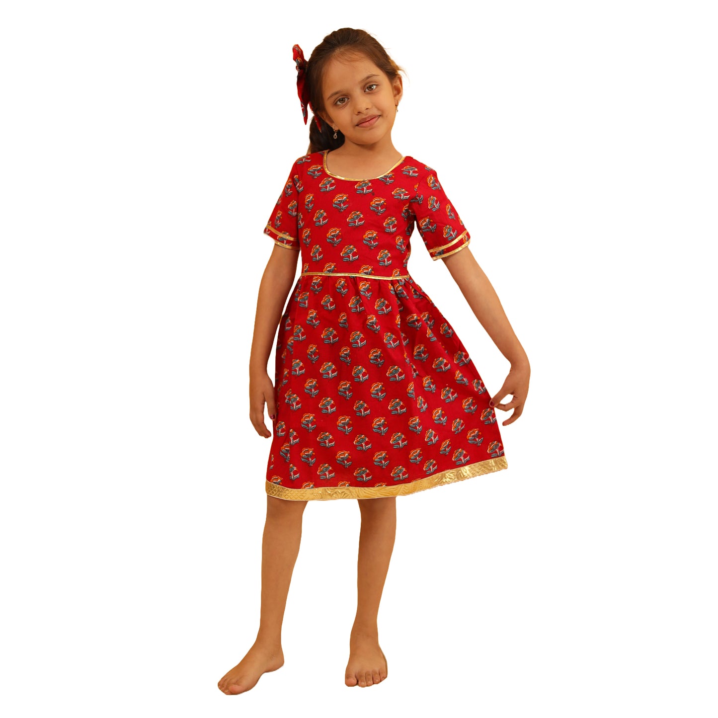 Red Elbow Sleeves Knee Length Frock