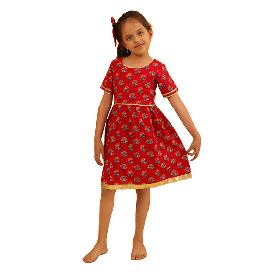 Red Elbow Sleeves Knee Length Frock