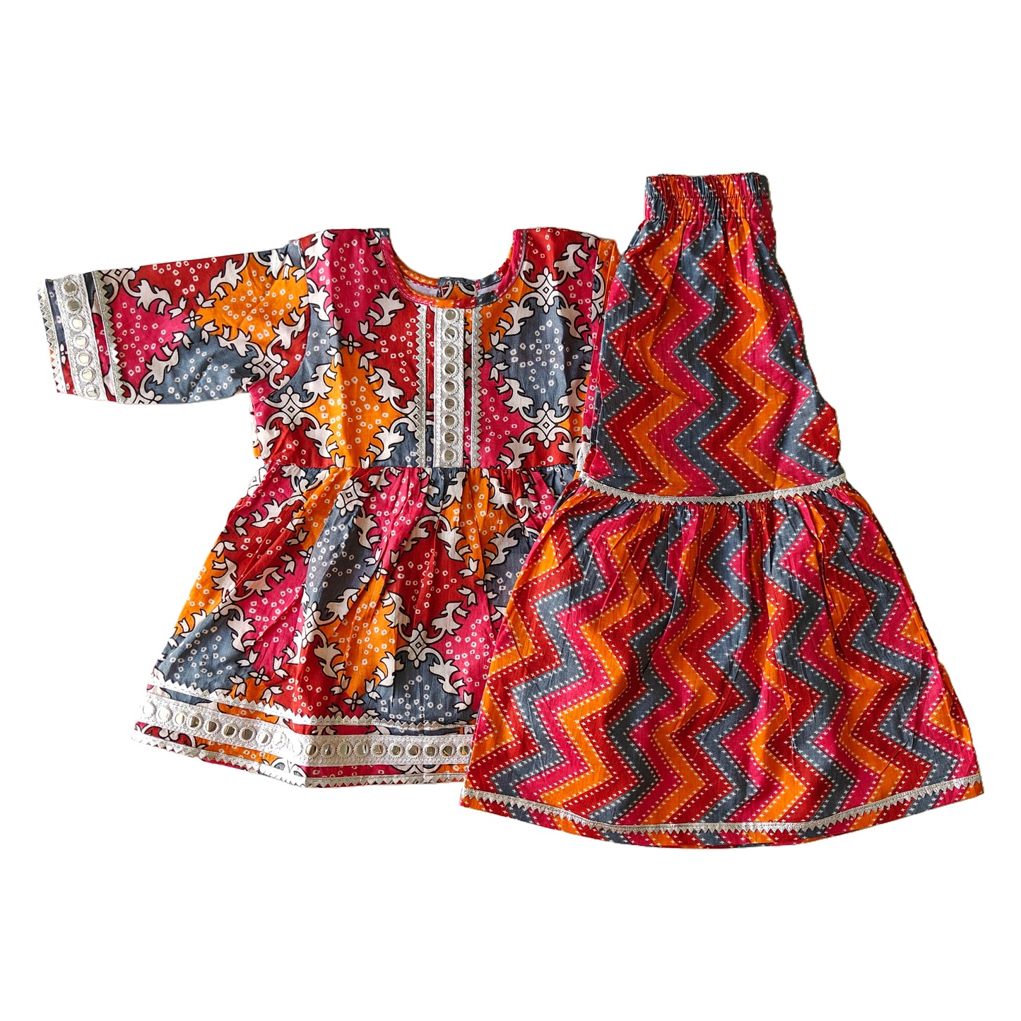 Multi Orange red Pant Style Sharara & Short Kurti Set