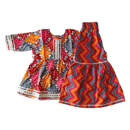 Multi Orange red Pant Style Sharara & Short Kurti Set