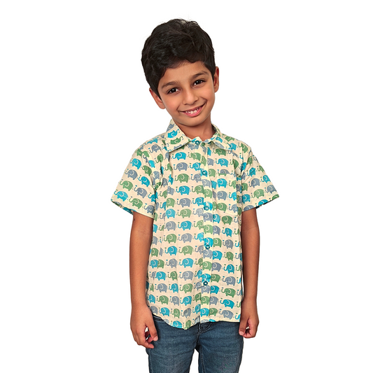 Light Blue Green Elephant Print Cotton Shirt