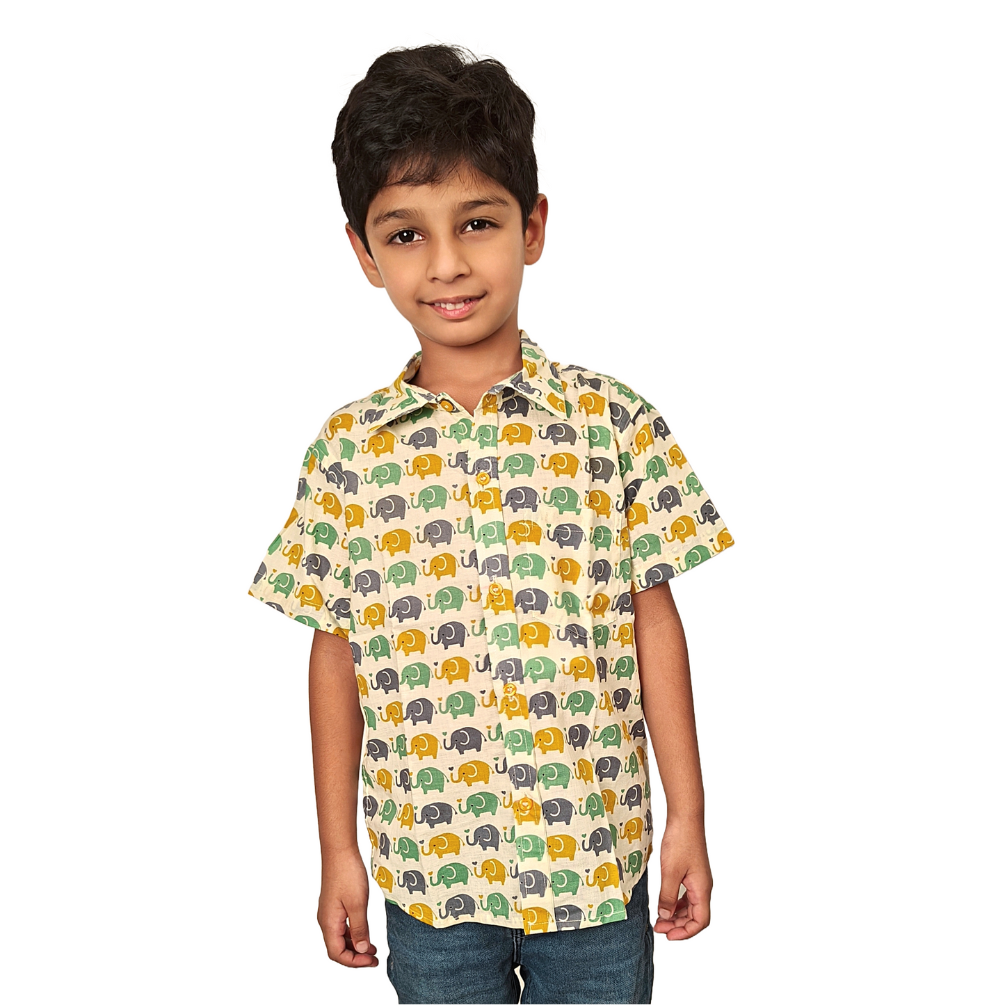 Light Yellow Green Elephant Print Cotton Shirt