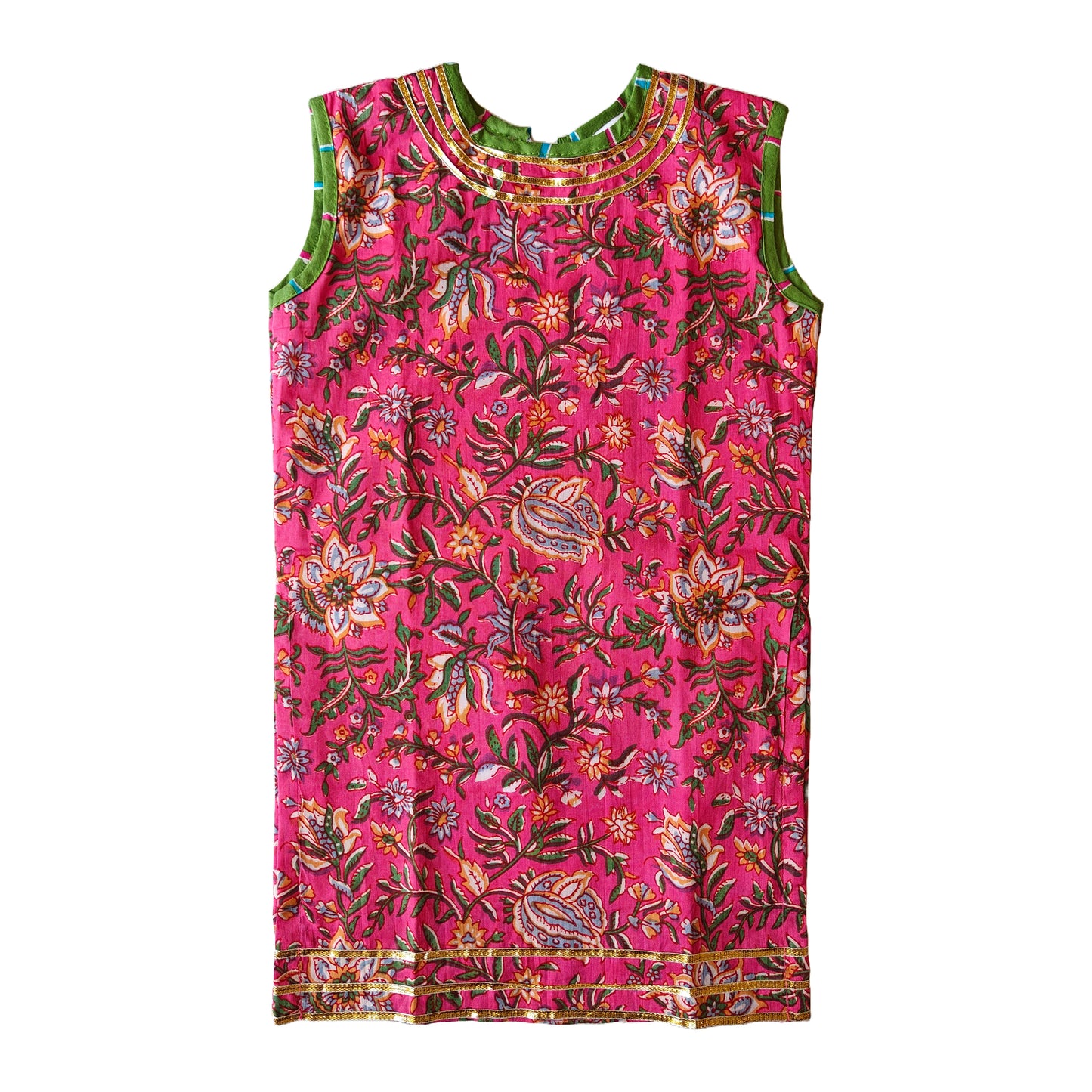 Pink-Green Sleeveless Straight Kurti & Salwar Set