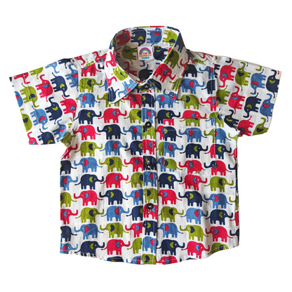 Blue-Red-Olive Green Elephant Print Cotton Shirt