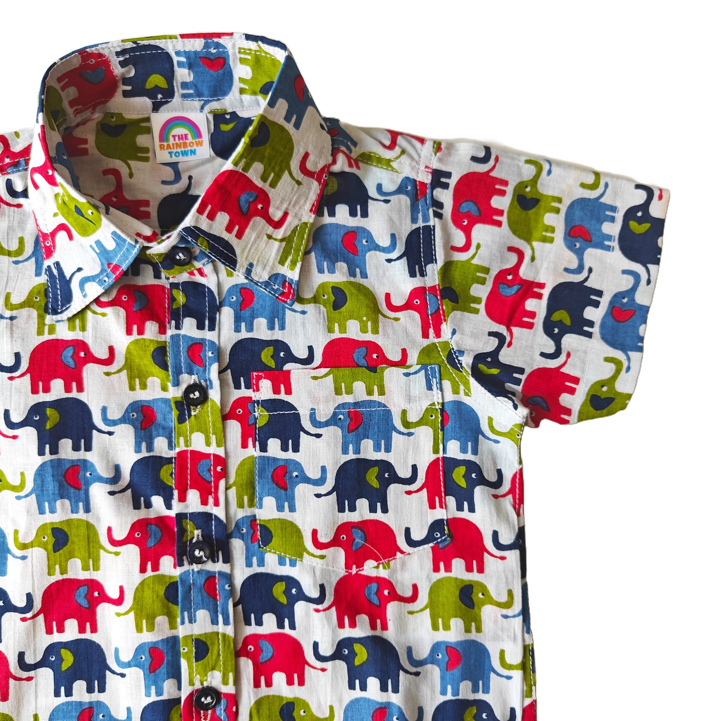 Blue-Red-Olive Green Elephant Print Cotton Shirt