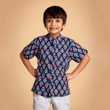 Blue Red Chinese Collar Shirt