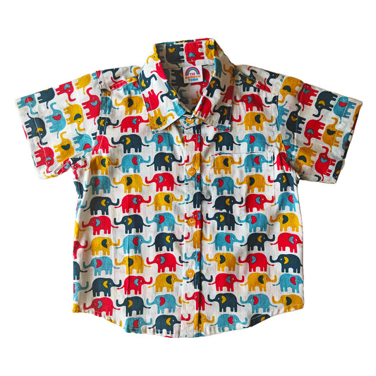 Yellow-Blue-Red Elephant Print Cotton Shirt