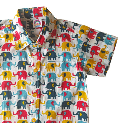 Yellow-Blue-Red Elephant Print Cotton Shirt