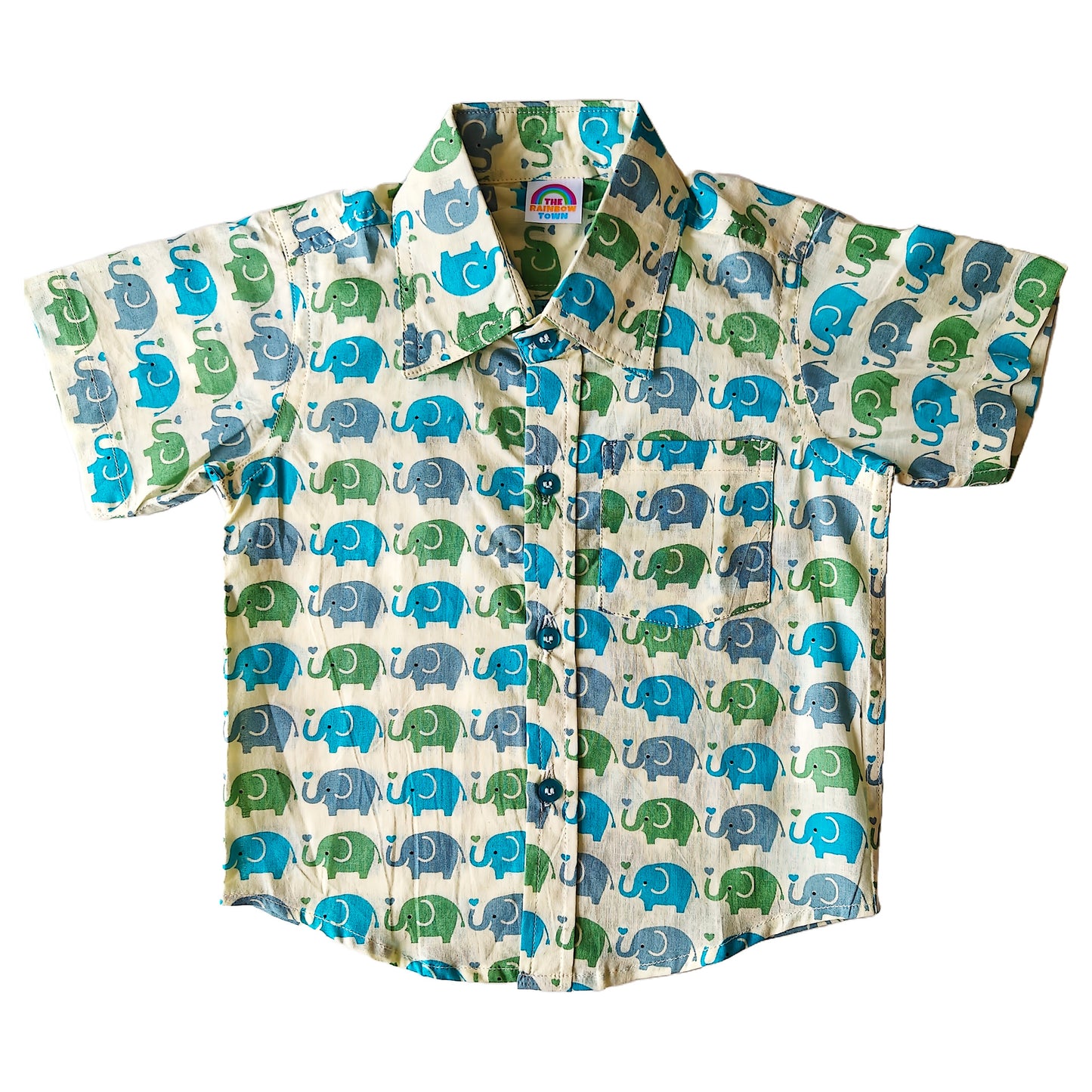 Light Blue Green Elephant Print Cotton Shirt