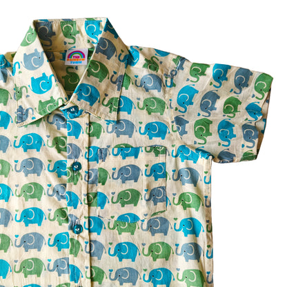 Light Blue Green Elephant Print Cotton Shirt