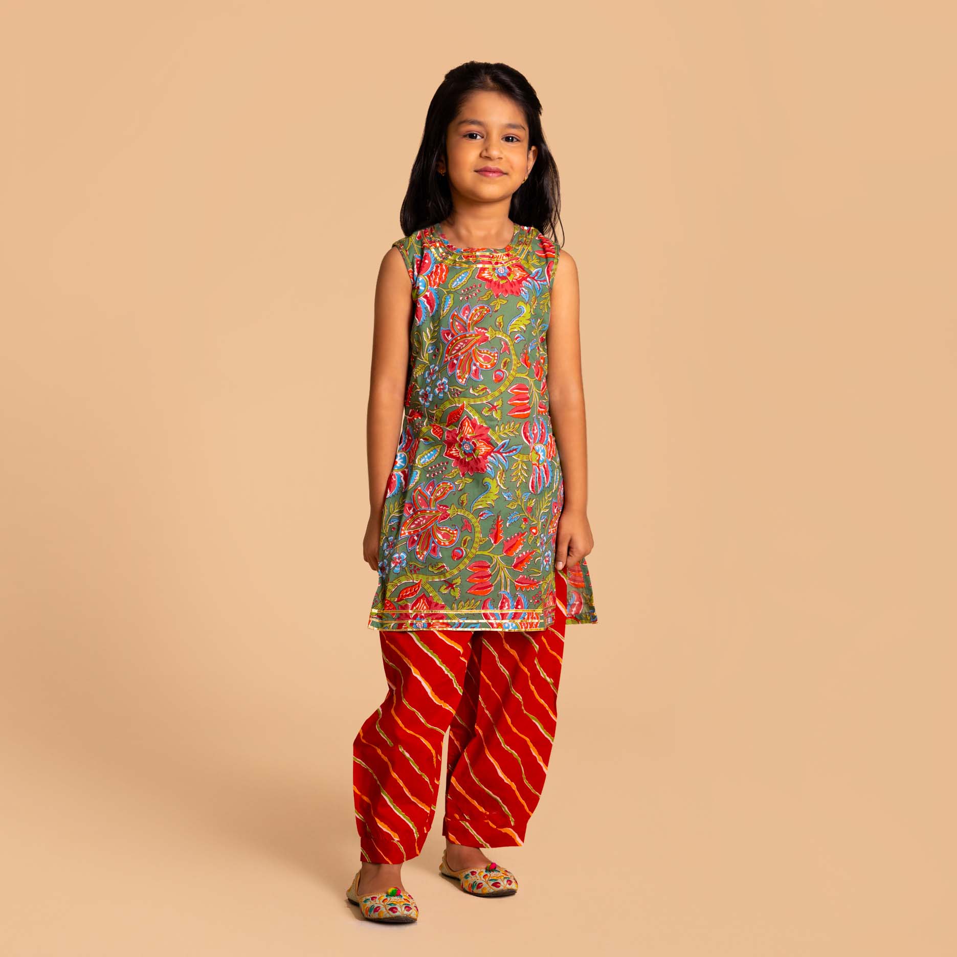 Olive Green-Red Sleeveless Straight Kurti & Salwar Set
