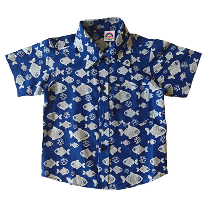 Blue Fish Print Cotton Shirt