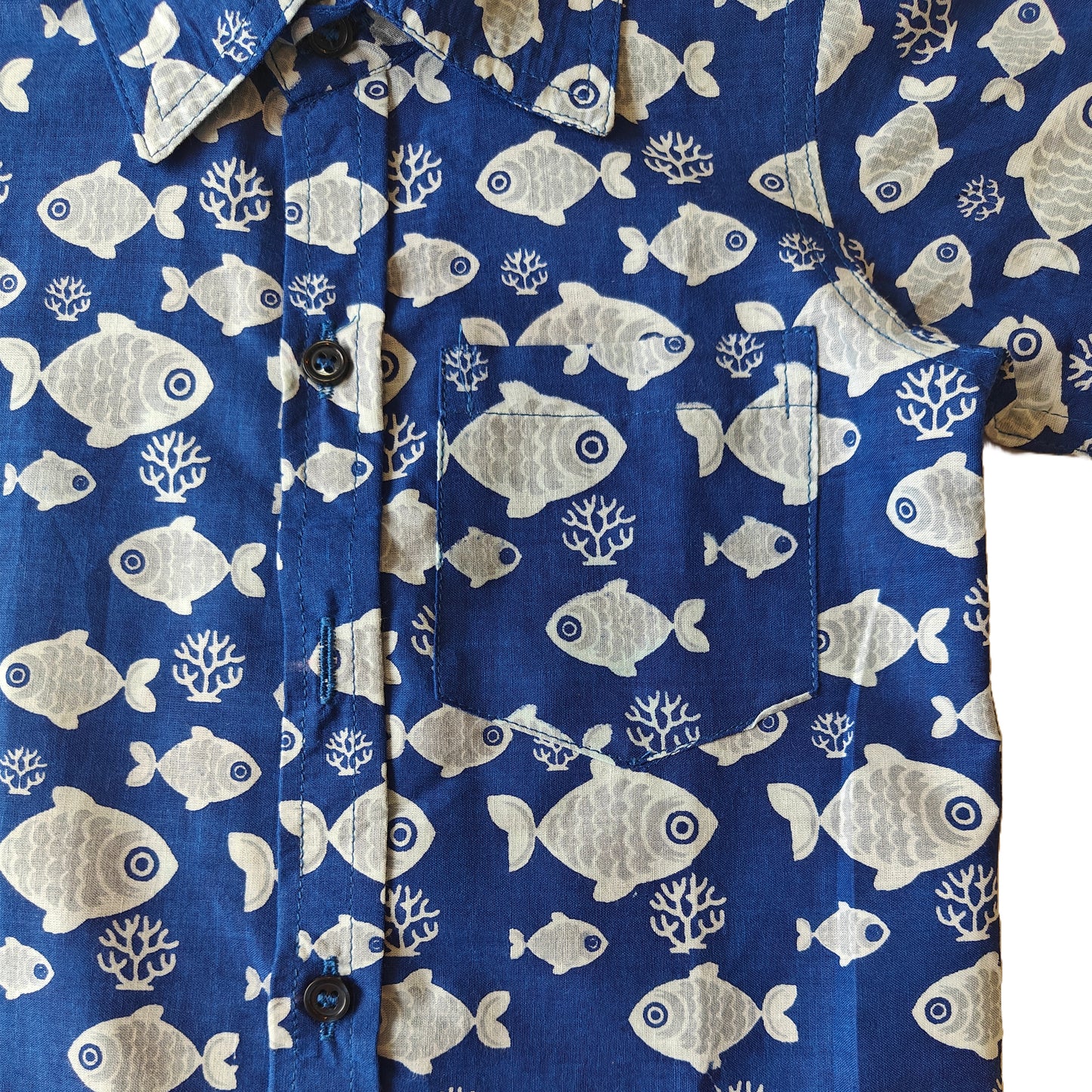 Blue Fish Print Cotton Shirt