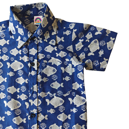 Blue Fish Print Cotton Shirt