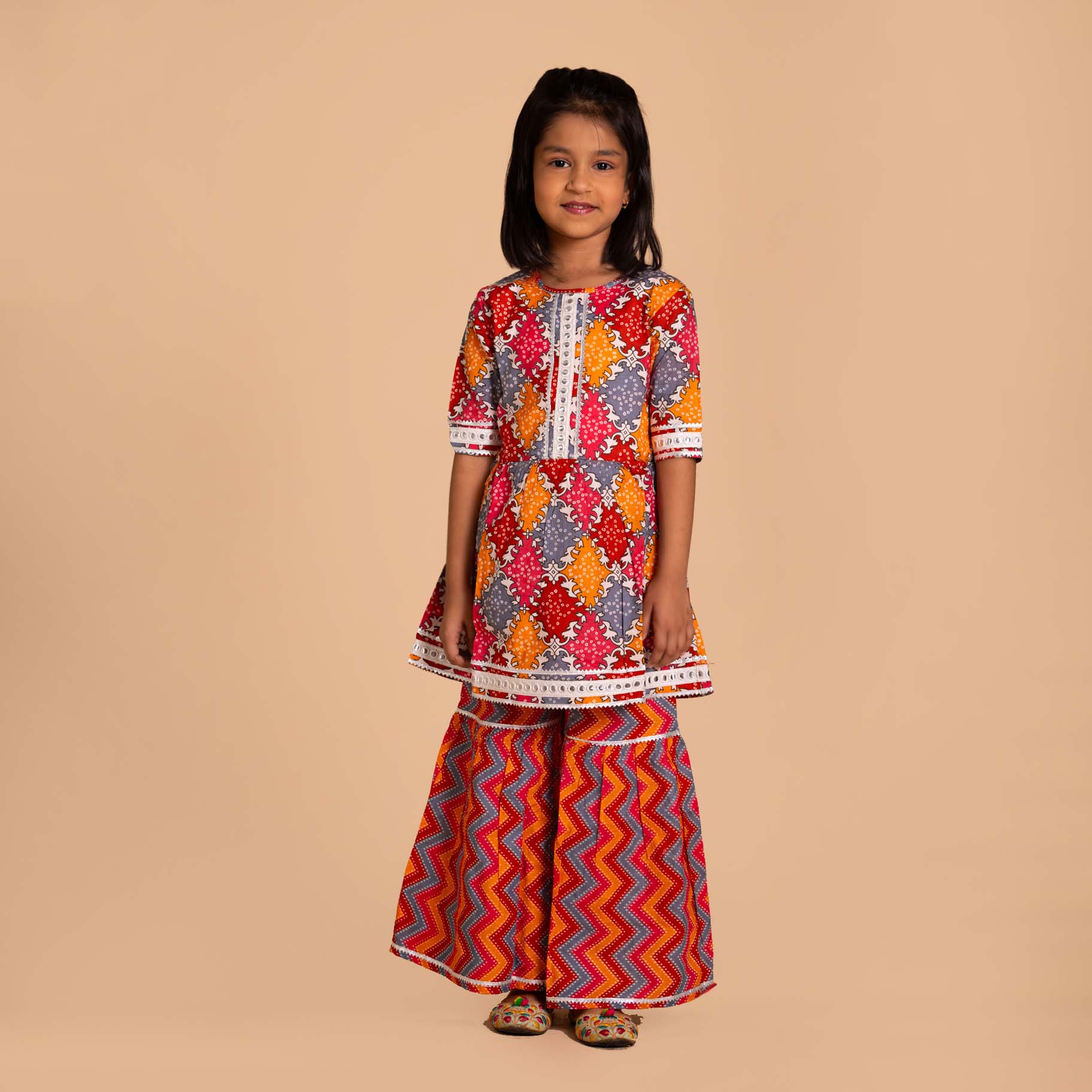 Multi Orange red Pant Style Sharara & Short Kurti Set