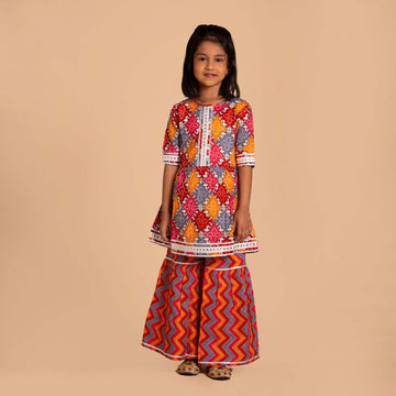 Multi Orange red Pant Style Sharara & Short Kurti Set