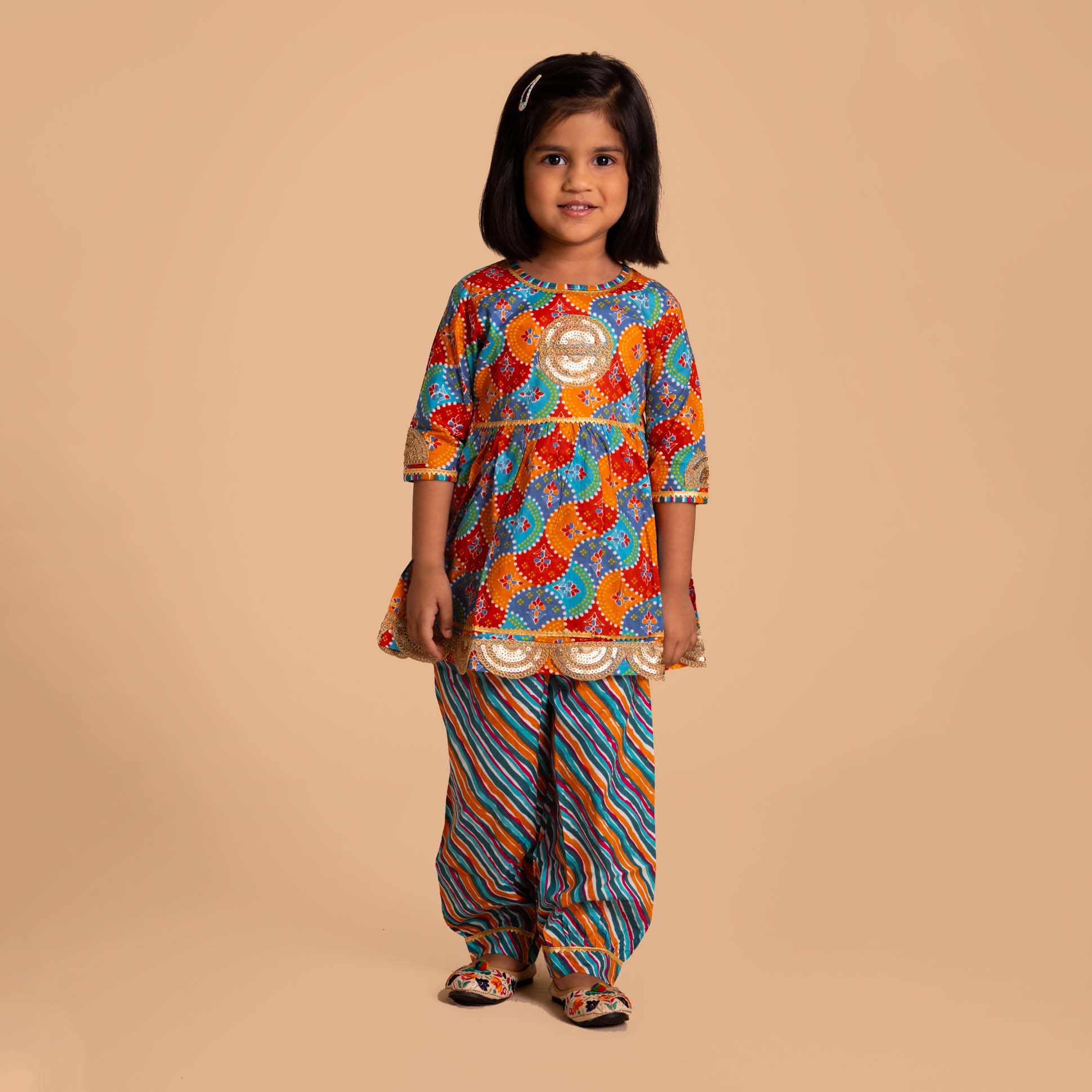 Multi Orange Elbow Sleeves Salwar Kurti Set