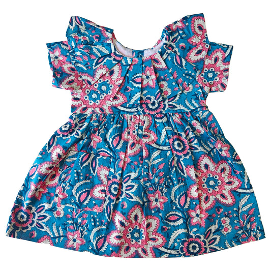 Blue - Pink Jaal Print Cotton Dress