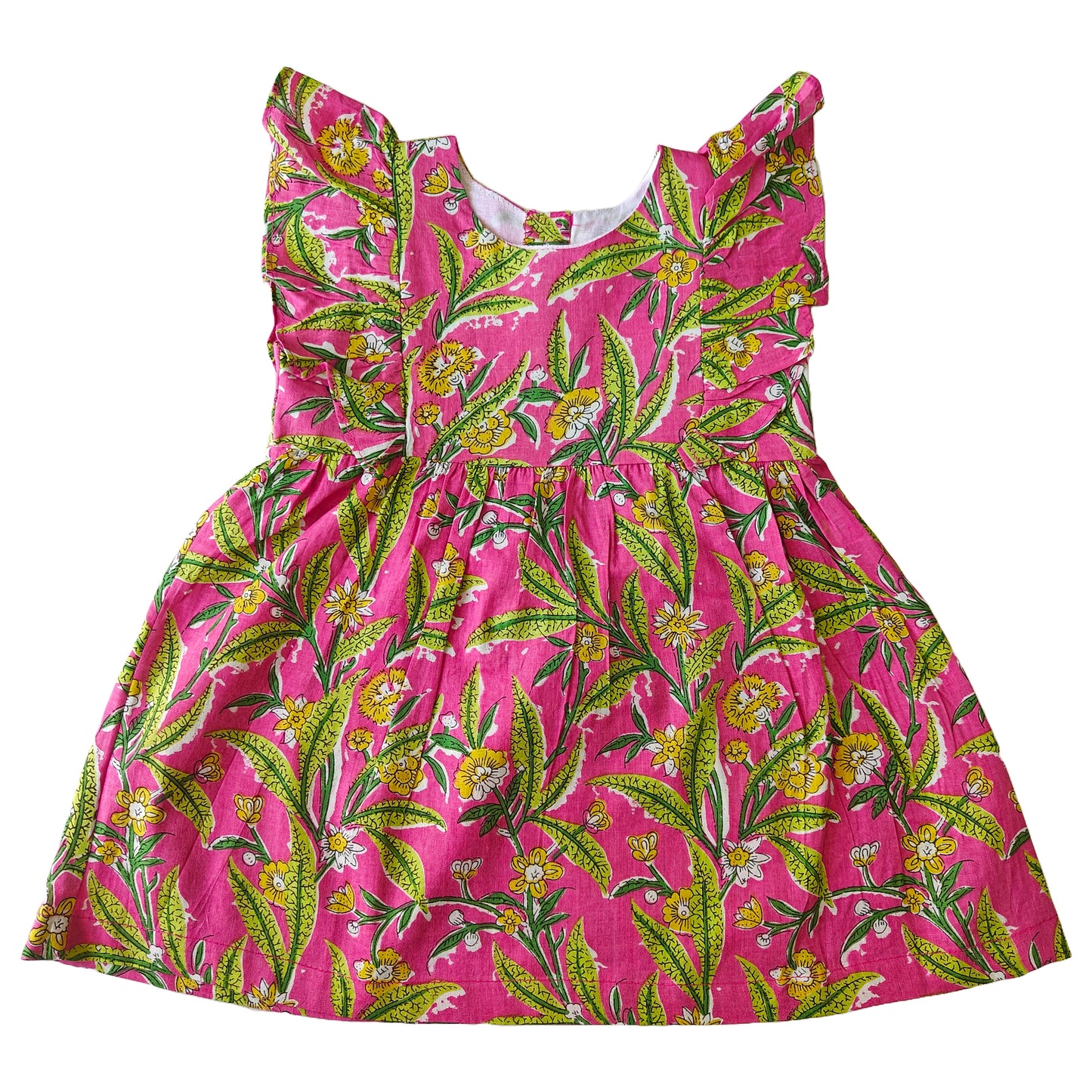 Pink Green Leaf Print Cotton Dress