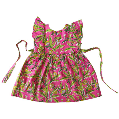 Pink Green Leaf Print Cotton Dress