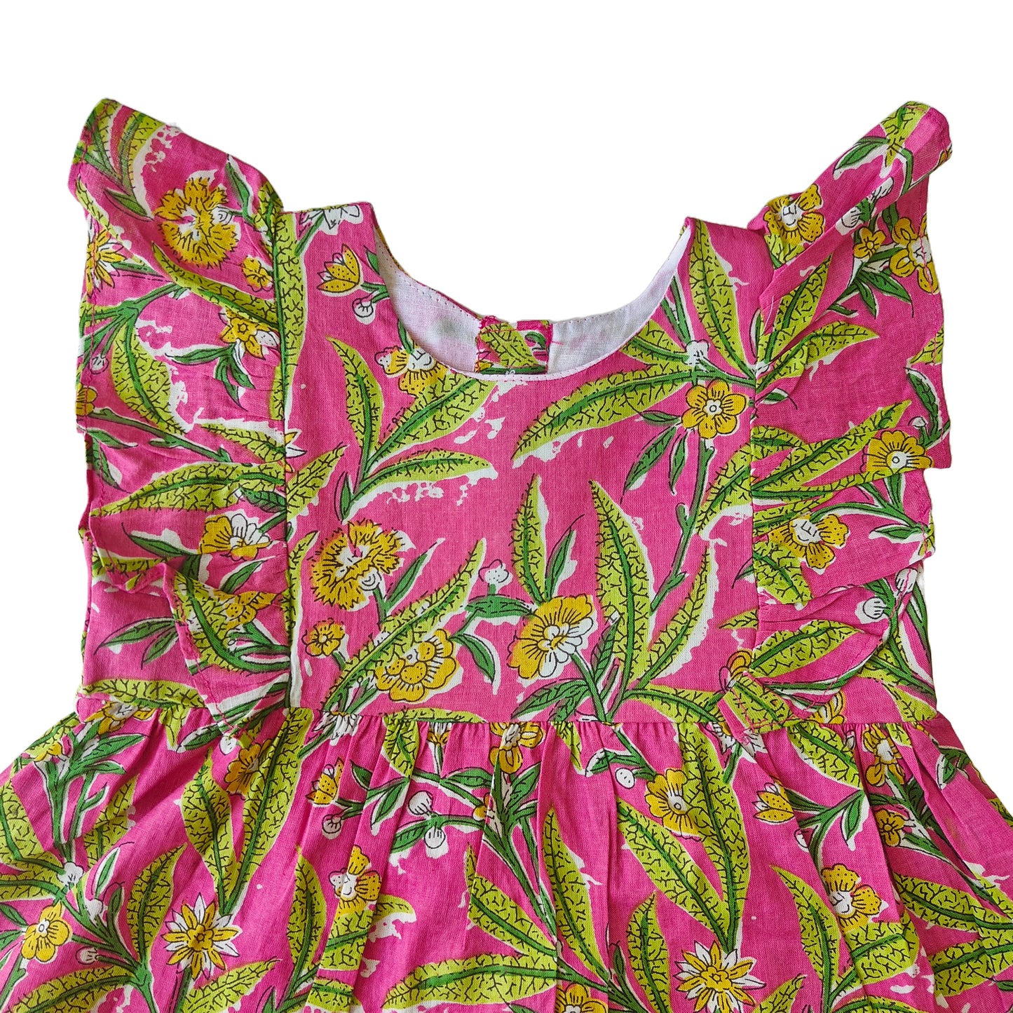 Pink Green Leaf Print Cotton Dress