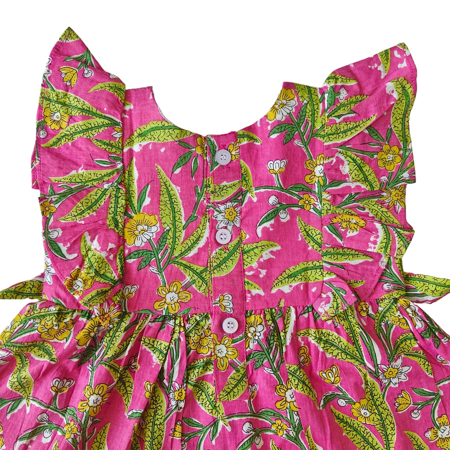 Pink Green Leaf Print Cotton Dress